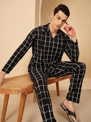 Grid Check Button Down Pyjama Set - Black