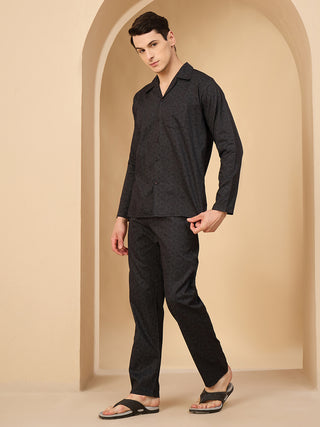 Muted Geometric Button Down Pyjama Set - Black
