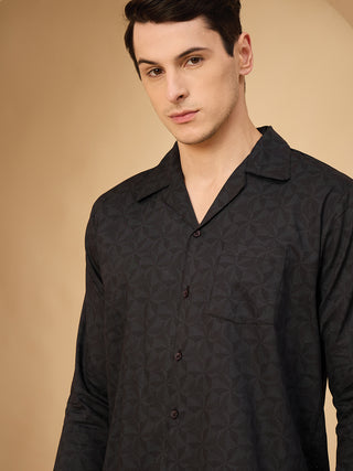 Muted Geometric Button Down Pyjama Set - Black