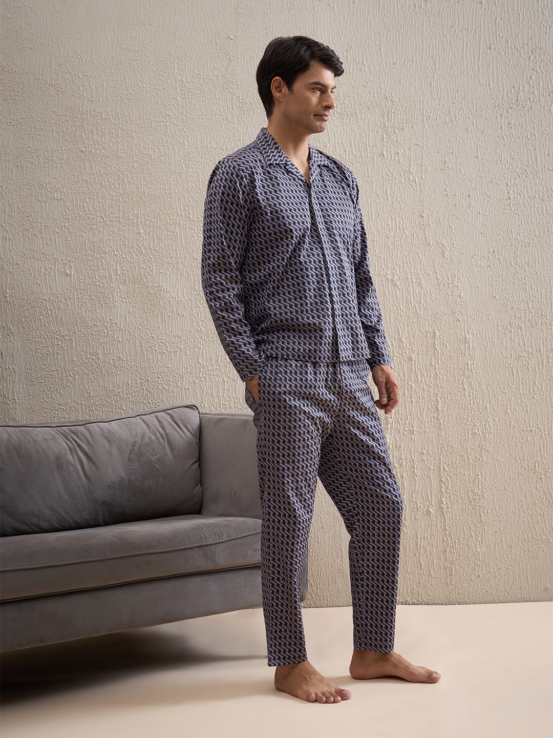 Buy Sweet Dreams Gentlemen Cotton Modal Aop Black Pant Set for Men
