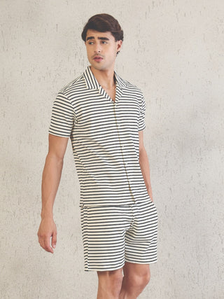 Ribbed Stripe Button Down Shorts Set
