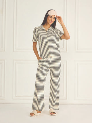 Ribbed Stripe Button Down Wide Leg Pyjama Set