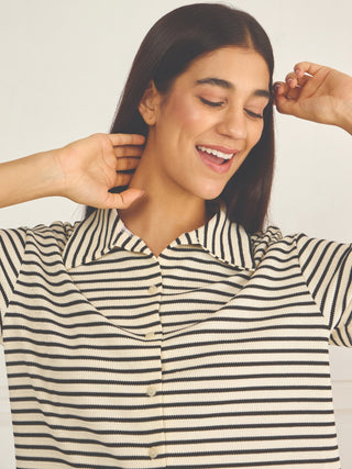 Ribbed Stripe Button Down Wide Leg Pyjama Set
