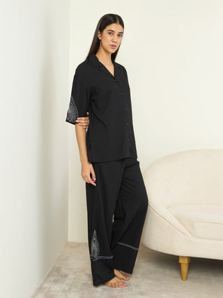 Embroidered Piping Palazzo Set - Black