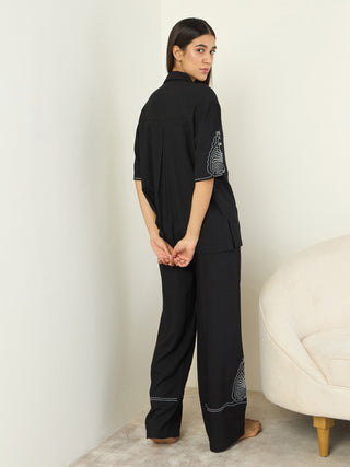 Embroidered Piping Palazzo Set - Black