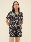 Geometric Abstract Button Down Piping Short Set - Black