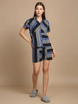 Geometric Block Button Down Shorts Set - Black