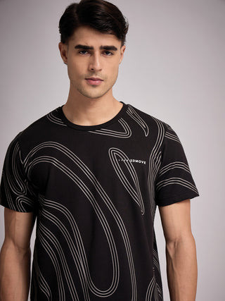Men, wearing a black t-shirt with a white wavy line print.