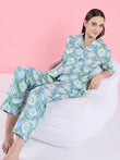 Floral Dream Piping Button Down Pyjama Set - Blue