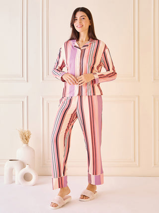 Vivid Stripe Button Down Pyjama Set - Brown