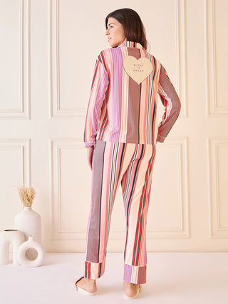 Vivid Stripe Button Down Pyjama Set - Brown