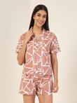Geometric Abstract Button Down Piping Short Set - Brown
