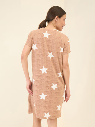 Women's brown star-print sleepshirt dress, shown from the back.