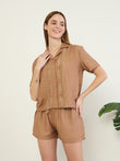 Embroidered Button Down Coord Set - Coconut Shell