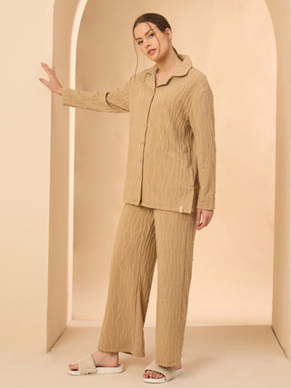 Wave Jacquard Button Down Wide Leg Pyjama Set - Latte
