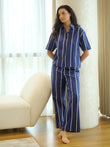 Vivid Stripe Button Down Palazzo Pyjama Set - Navy