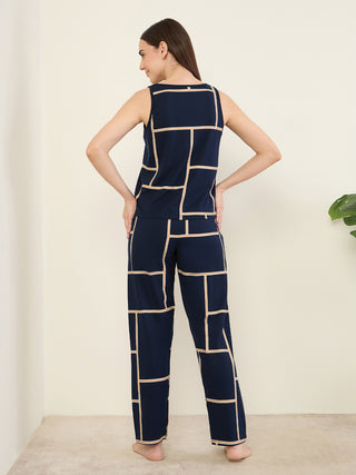 Women's navy blue geometric print sleeveless pajama set.