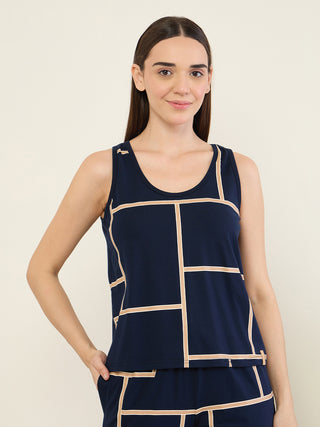 Women's navy blue geometric print sleeveless pajama set.