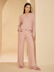 Waffle Knit Henley Wide Leg Pyjama Set - Mauve