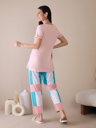 Colorblock Stripe Henley Lace Trim Pyjama Set