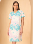 Bloom Print V Neck Lace Trim Nightdress - Teal Green