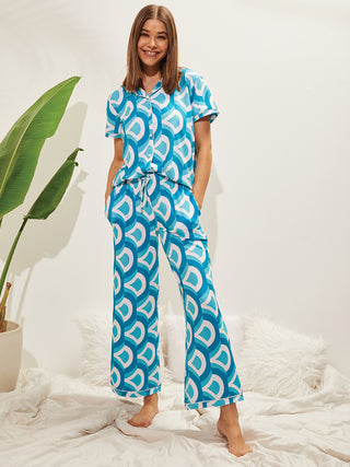 Retro Wave Button Down Wide Leg Pyjama Set