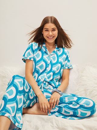 Retro Wave Button Down Wide Leg Pyjama Set