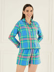Vibrant Plaid Button Down Piping Shorts Set - Vista Blue