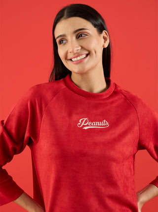 a women weared red full sleeve t shirt pyjama set 