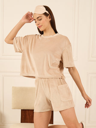 Velour Rib Cropped Shorts Set - Warm Sand