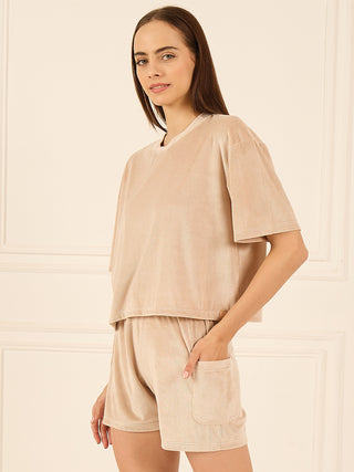 Velour Rib Cropped Shorts Set - Warm Sand