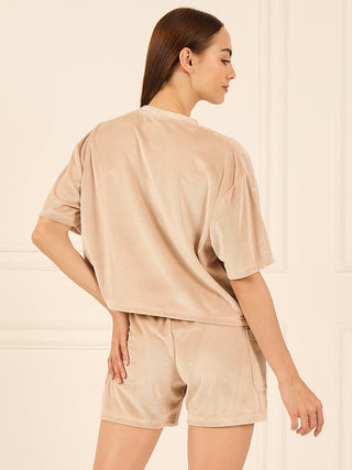Velour Rib Cropped Shorts Set - Warm Sand