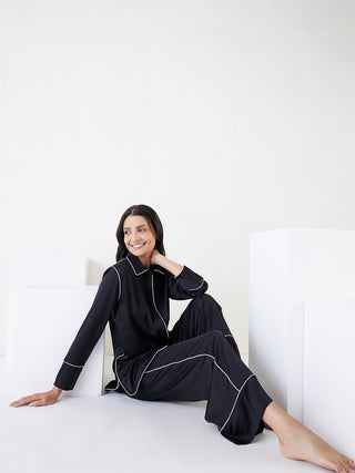 Silky Piping Wide Leg Pyjama Set